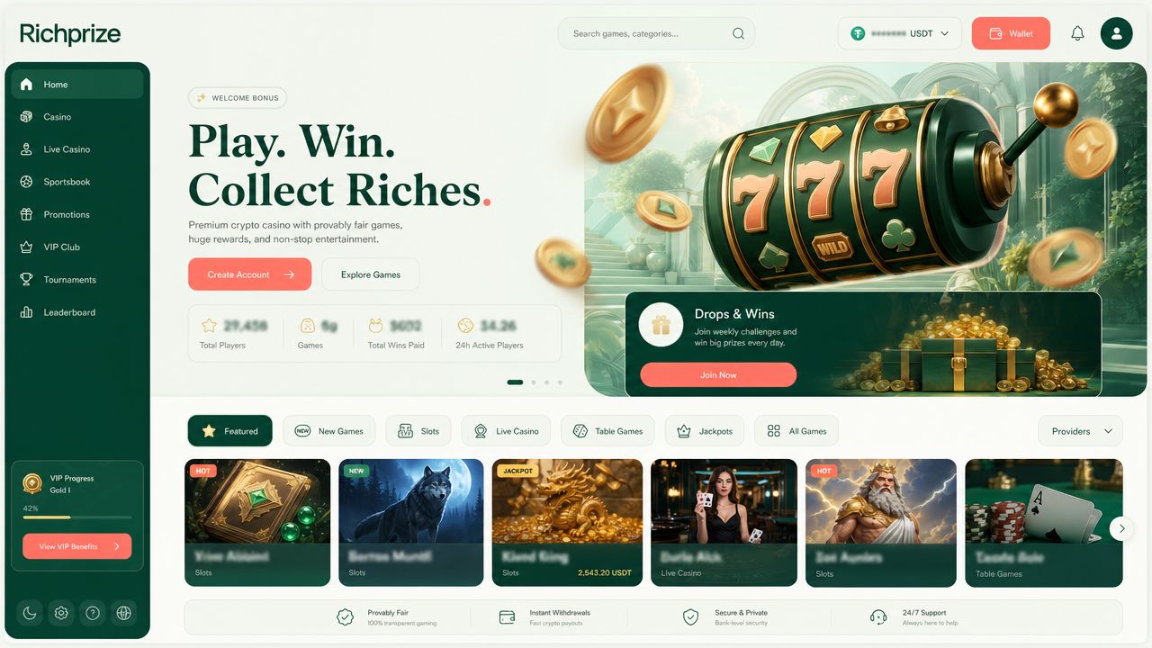 Richprize casino homepage with slot reels, game category tabs and a row of game tiles