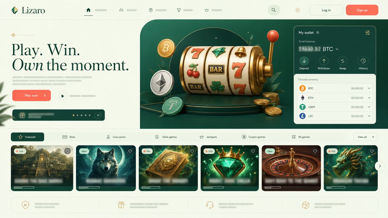 Lizaro casino homepage with Wild West styling, game tiles and wallet widget