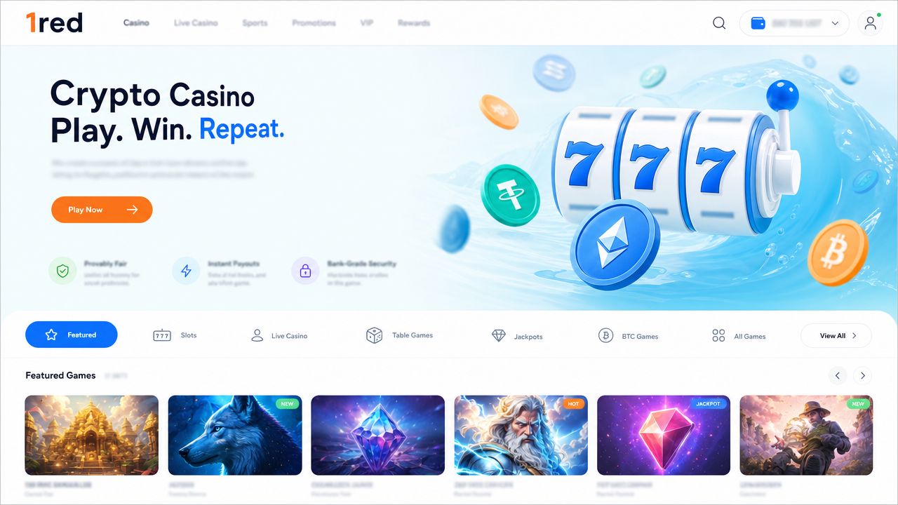 1red casino homepage with game tiles, category tabs and wallet icons