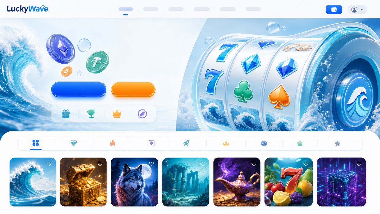 LuckyWave casino homepage with ocean-themed slot reels and rounded game tiles