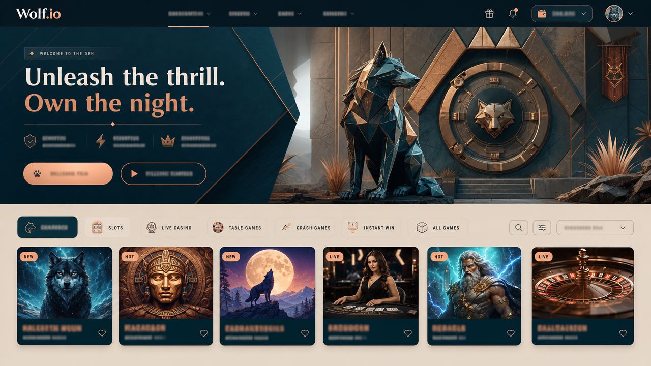 Wolf.io crypto casino homepage with slot and live casino game tiles