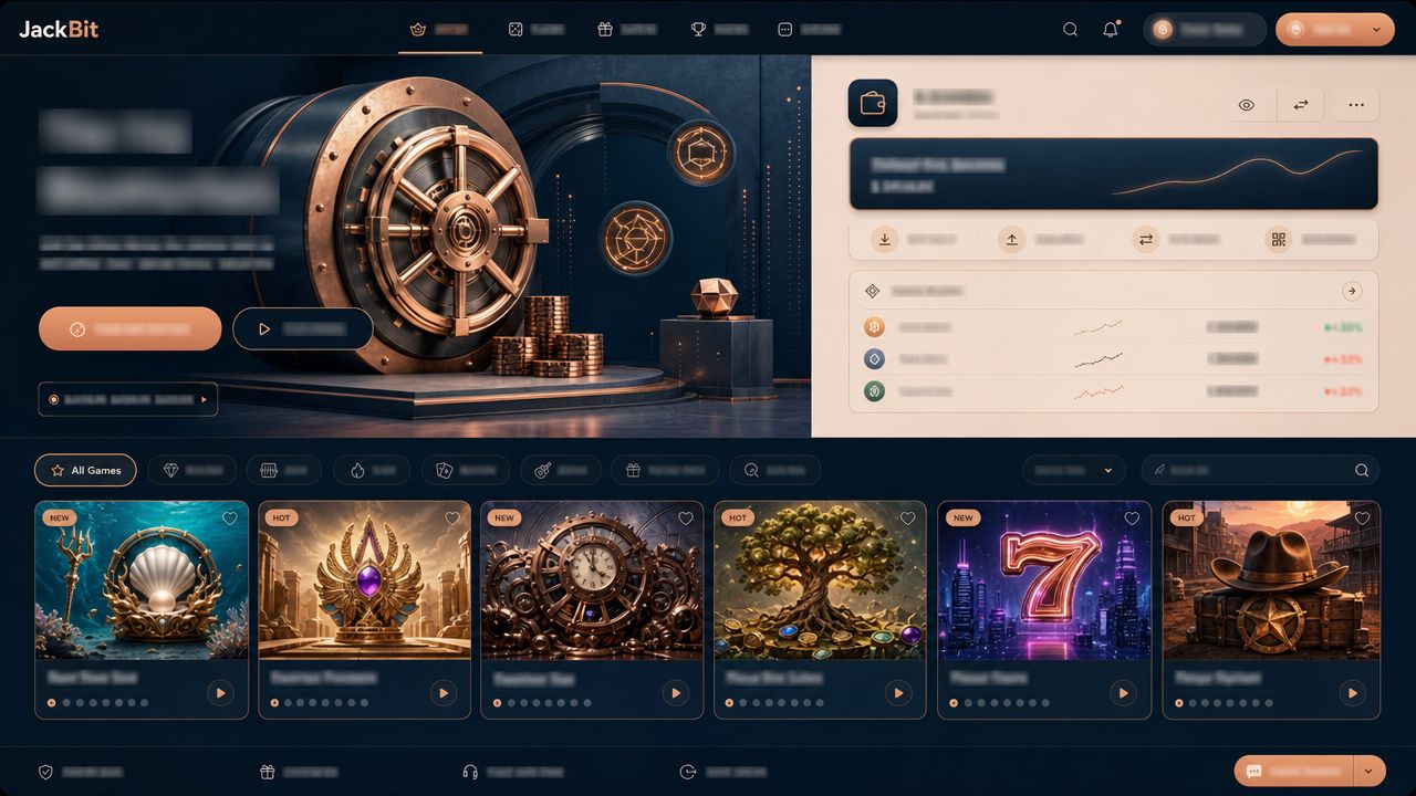 JackBit crypto casino homepage with wallet widget and slot game tiles