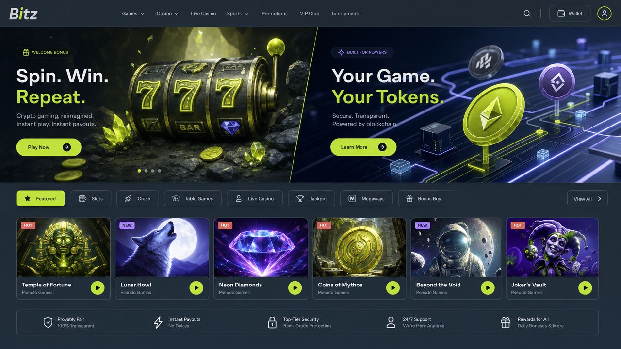 Bitz crypto casino homepage with slot reels, game tiles and sportsbook navigation