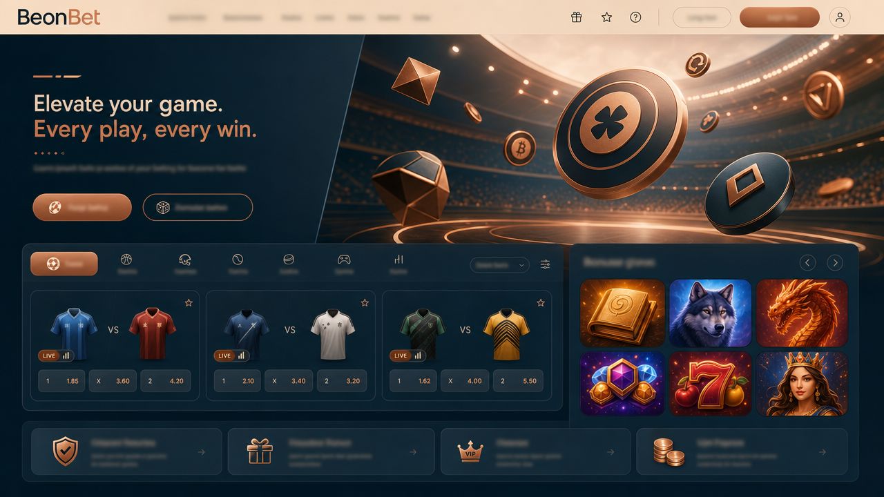 BeonBet casino and sportsbook homepage with slot tiles and match cards