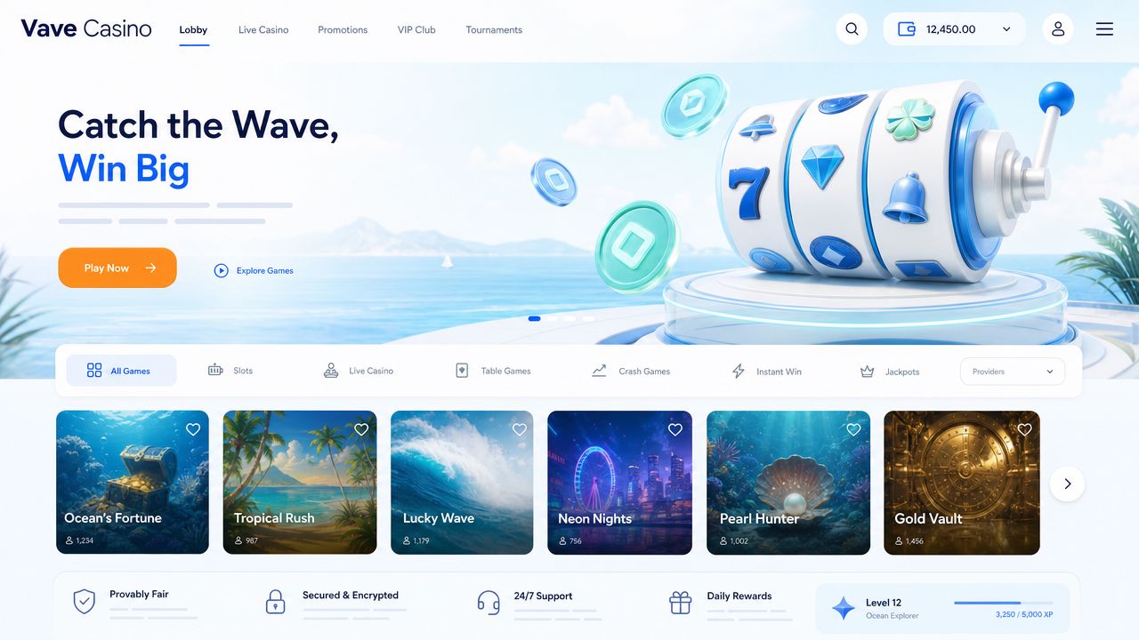 Vave Casino homepage showing crypto casino game tiles and category tabs